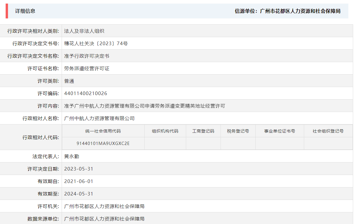 5.31准予广州中航人力资源管理有限公司申请劳务派遣变更精英地址经营许可.png