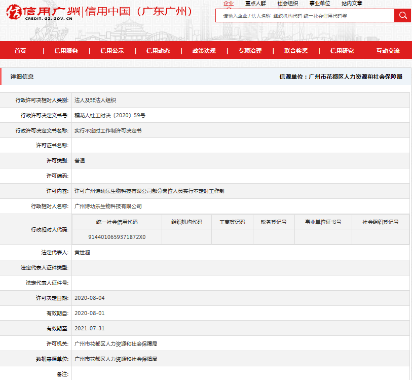 广州诗幼乐生物科技有限公司部分岗位实行不定时工作制许可公示8.11.png