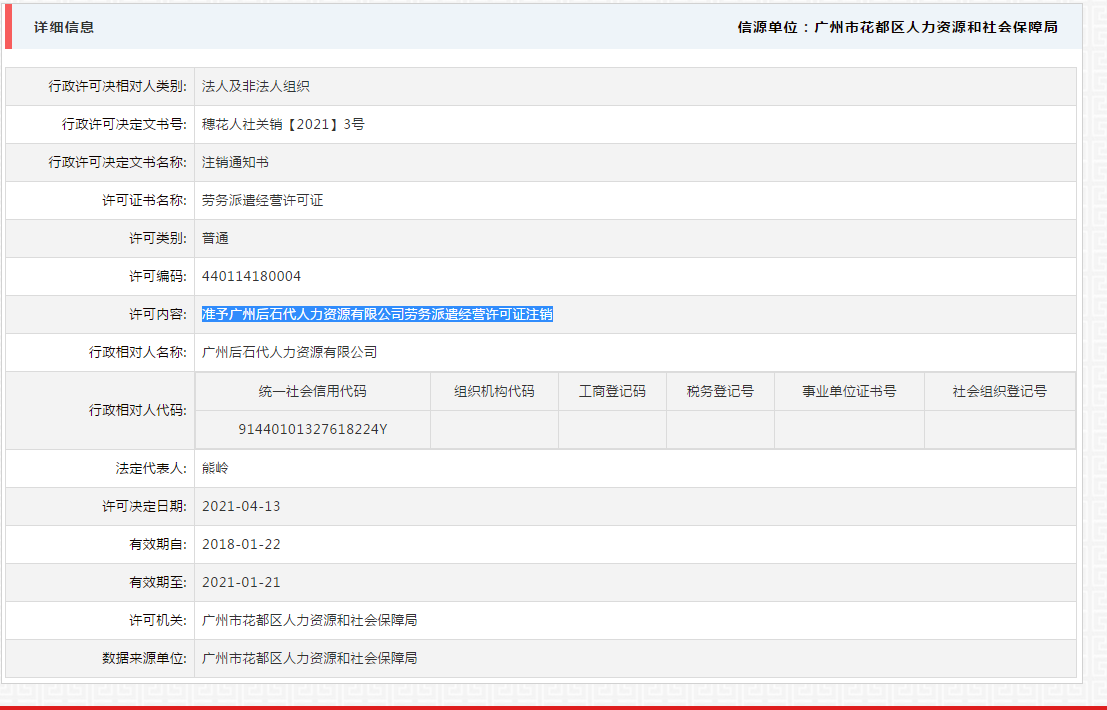 4.19准予广州后石代人力资源有限公司劳务派遣经营许可证注销公示.png