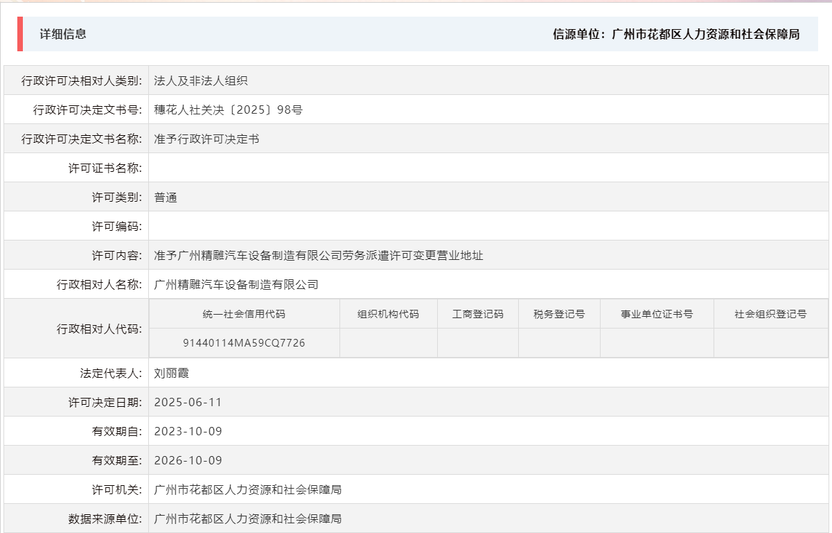 6.11准予广州精雕汽车设备制造有限公司劳务派遣许可变更营业地址.png